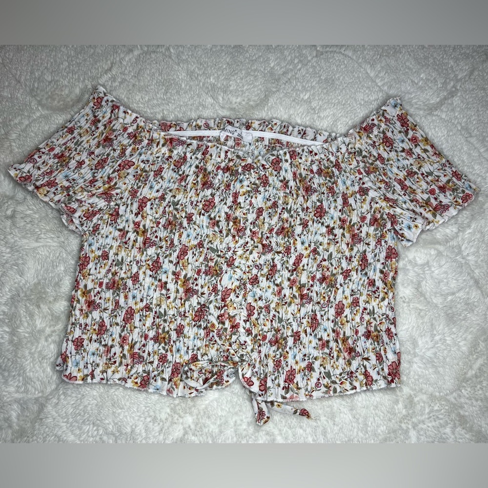 White and Pink Floral Off the Shoulder Crop Top